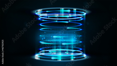 Blue neon digital portal in cylindrical shape with shiny swirl rings
