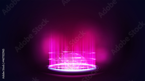 Digital hologram with particles, shiny rings and energy ball inside. Dark and pink digital scene