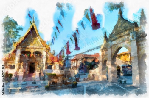 Ancient architecture of Thailand watercolor style illustration impressionist painting. © Kittipong