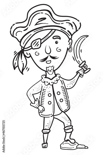 Funny Pirate Holds the Saber in His Hand. Captain of a Pirate Ship. Hand Drawn Cute Jolly Roger, Vector Coloring Cartoon illustration