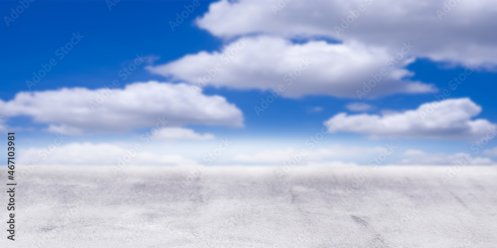 Floor wall cement with blur blue sky cloud landscape. empty counter cloudy outdoor background. road free space for add text or products advertising presentation. blank concrete studio room backdrop.