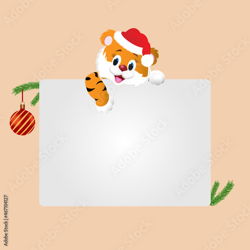 Happy New Year greetings from a tiger cub on a beige background