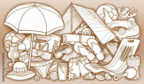 Cartoon cute doodles hand drawn summer beach children's entertainment illustration.