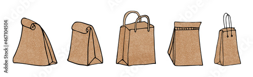 Set of craft paper bags. Various lunch bags in doodle style. Set of hand drawn lunch bags on white background. Collection of separated bags colored in brown. Vector sketch of paper lunch bags.