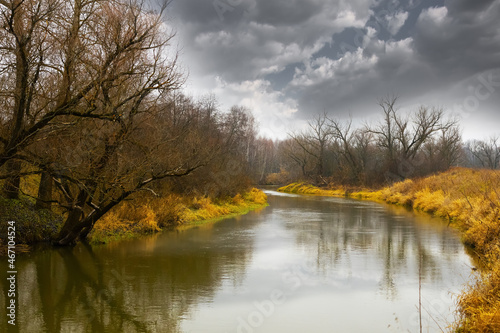 landscape of the river in autumn with the cloudy sky. vorya river near Moscow.