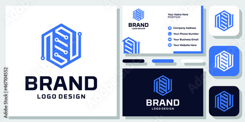 Hexagon Technology Digital Network Internet Intelligence Logo Design with Business Card Template