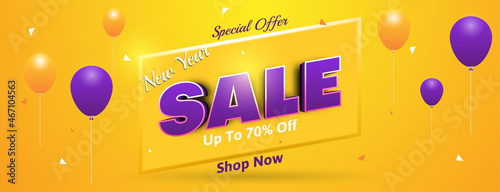 3D special offer new year sale banner background in orange and purple with realistic balloons
