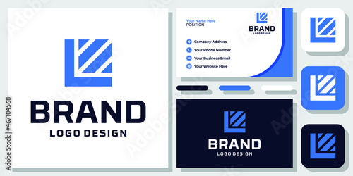 Initial Letter L Monogram Square Box Blue Geometric Modern Logo Design with Business Card Template