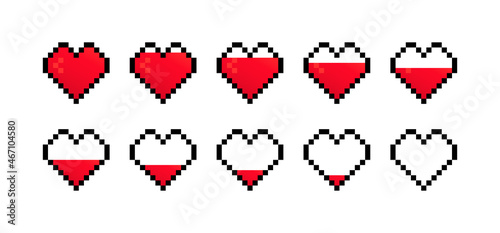 Pixel heart icon set. Pixel game life bar. Health heart bar. Gaming controller, symbols set. Vector EPS 10. Isolated on white background