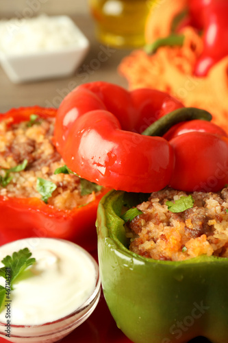 Concept of tasty food with ​stuffed pepper, close up