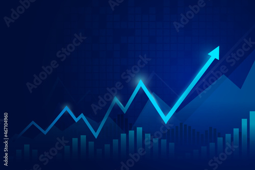 arrows and candlestick chart business of stock market trading on blue background bullish point up trend chart Economic vector design. blue background