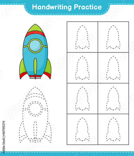 Handwriting practice. Tracing lines of Rocket. Educational children game, printable worksheet, vector illustration