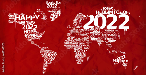 Bonne Année 2022 nuage de mots tag cloud happy new year texte voeux jour de l'an carte du monde photo