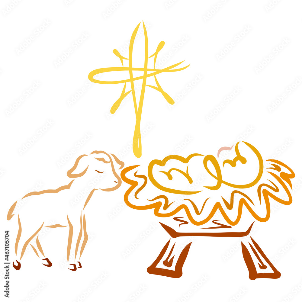 Shining Christmas star with symbols over the newborn Savior and the humble lamb Shining Christmas star with symbols over the newborn Savior and the humble lamb