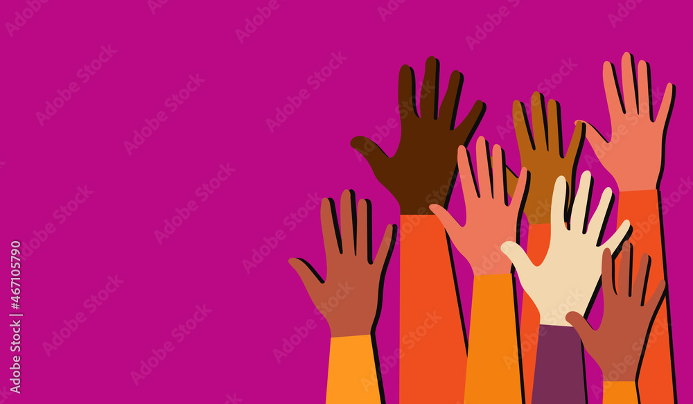 Hands of people with different skin colors, different nationalities and religions. Community activists fight for equal rights. Modern poster of voting people. Hands of people with different skin colors, different nationalities and religions. Community activists fight for equal rights. Modern poster of voting people.