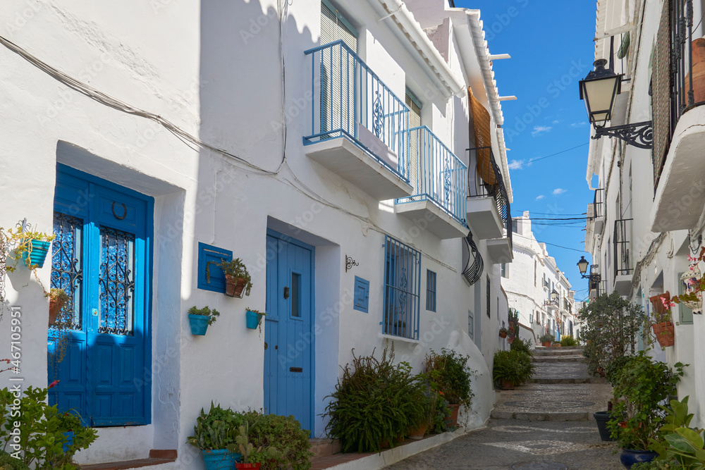 Village of Frigiliana, typical streets of the Axarquia in Malaga. Spain