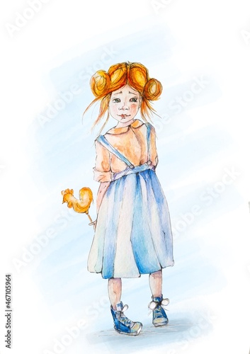 Cute baby girl in blue dress with lollipop