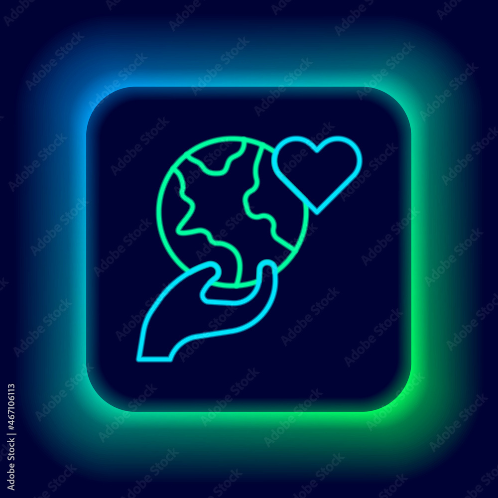 Obraz premium Glowing neon line Human hand holding Earth globe icon isolated on black background. Save earth concept. Colorful outline concept. Vector