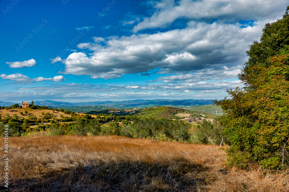 Panorama over the Tuscan countryside from Campagnatico Grosseto Tuscany Italy