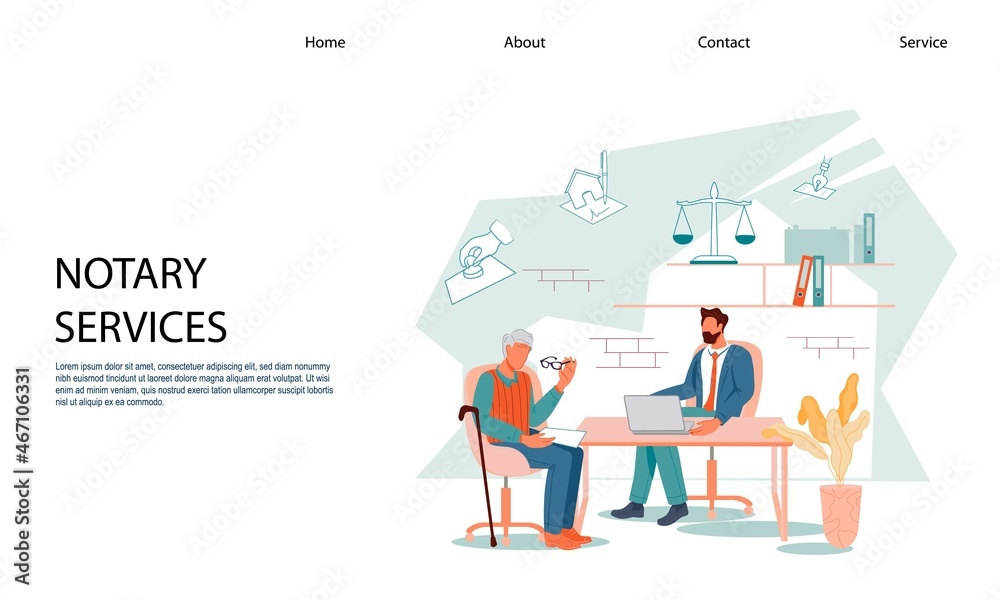 Notary service website banner template with elderly man in attorney office. Web page layout with senior person visit lawyer office for notarial legalization of testament, flat vector illustration.