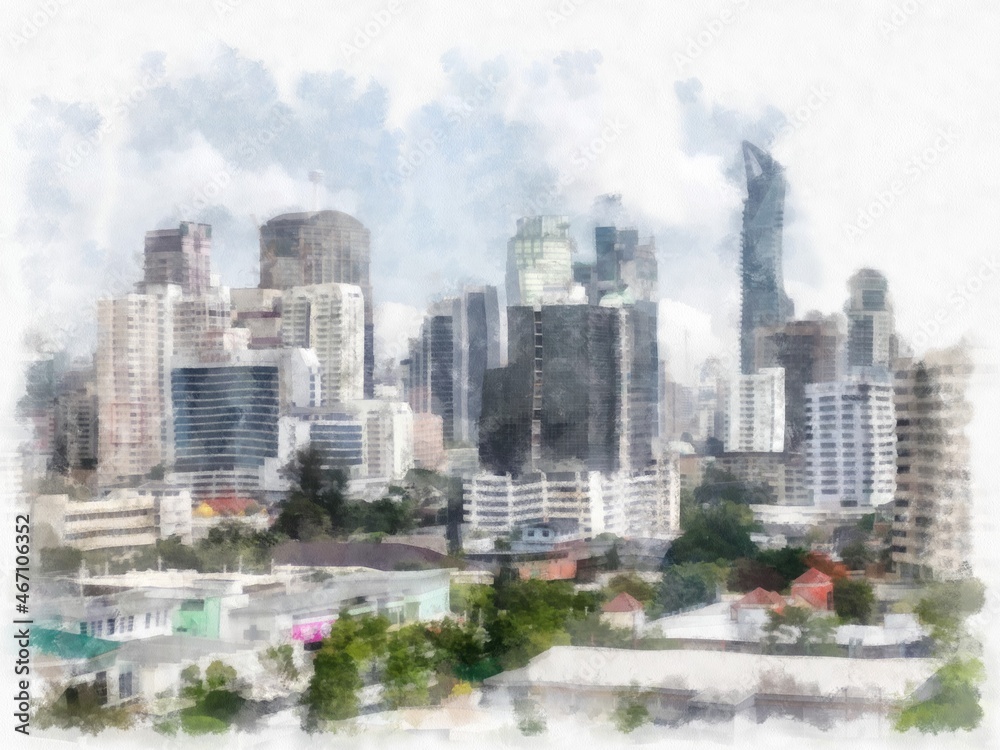 Fototapeta premium landscape of buildings in the city watercolor style illustration impressionist painting.