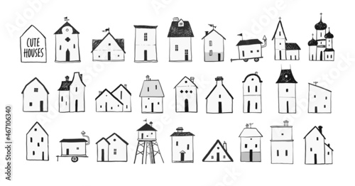 Collection of simple doodle houses on white background.