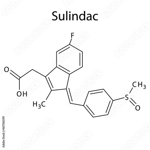 Sulindac molecular structure, flat skeletal chemical formula. NSAID drug used to treat rheumatoid arthritis, osteoarthritis, acute gouty arthritis, ankylosing spondylitis, musculoskeletal, tendinitis,