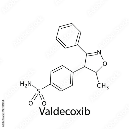 Valdecoxib molecular structure, flat skeletal chemical formula. NSAID drug used to treat osteoarthritis, rheumatoid arthritis, painful menstruation, menstrual symptoms. Vector illustration.