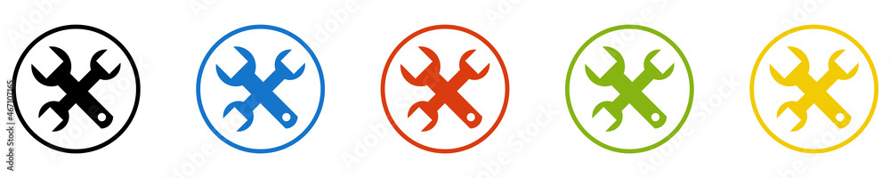Bunter Banner mit 5 farbigen Icons: Werkzeug, Werkstatt, Reparatur, Service oder Wartung Bunter Banner mit 5 farbigen Icons: Werkzeug, Werkstatt, Reparatur, Service oder Wartung