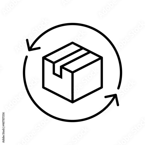 Free product return line icon. Delivery box with arrows. Exchange goods symbol. Package tracking sign. Parcel box inside circle arrow. Safe cargo shipping concept. Vector illustration, flat, clip art