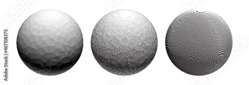 Three spheres with different effects: polygonal, voxel and stipple. Design elements. 3D vector illustration.