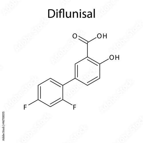 Diflunisal molecular structure, flat skeletal chemical formula. NSAID drug used to treat pain, osteoarthritis, rheumatoid arthritis. Vector illustration.