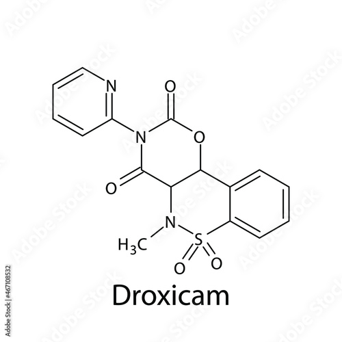 Droxicam molecular structure, flat skeletal chemical formula. NSAID drug used to treat rheumatoid arthritis, osteoarthritis. Vector illustration.