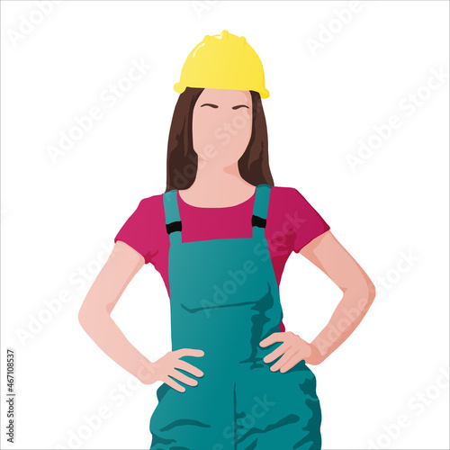 Young woman with yellow helmet hands hips wears green overall. Vector flat-style illustration isolated on white