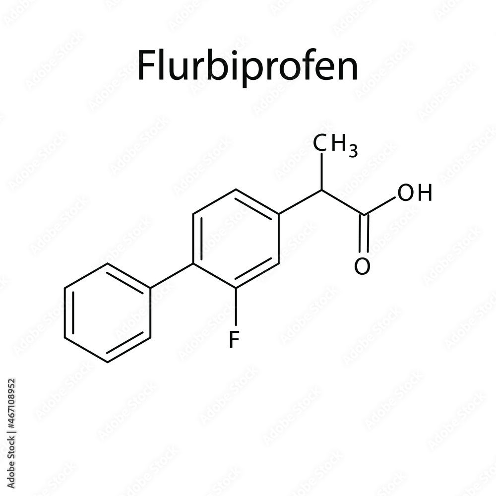 Flurbiprofen molecular structure, flat skeletal chemical formula. NSAID drug used to treat pain, osteoarthritis, rheumatoid arthritis. Vector illustration.