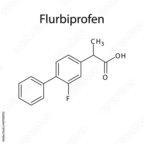 Flurbiprofen molecular structure, flat skeletal chemical formula. NSAID drug used to treat pain, osteoarthritis, rheumatoid arthritis. Vector illustration.