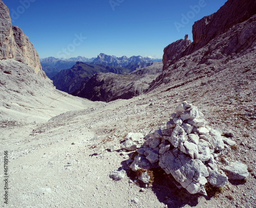 Sunny day on dolomites,  hiking in summer through altopiano della rosetta photo