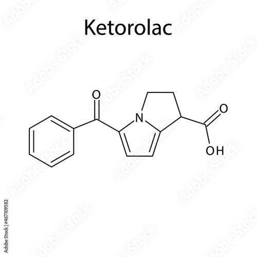 Ketorolac molecular structure, flat skeletal chemical formula. NSAID drug used to treat pain, analgesia. Vector illustration.