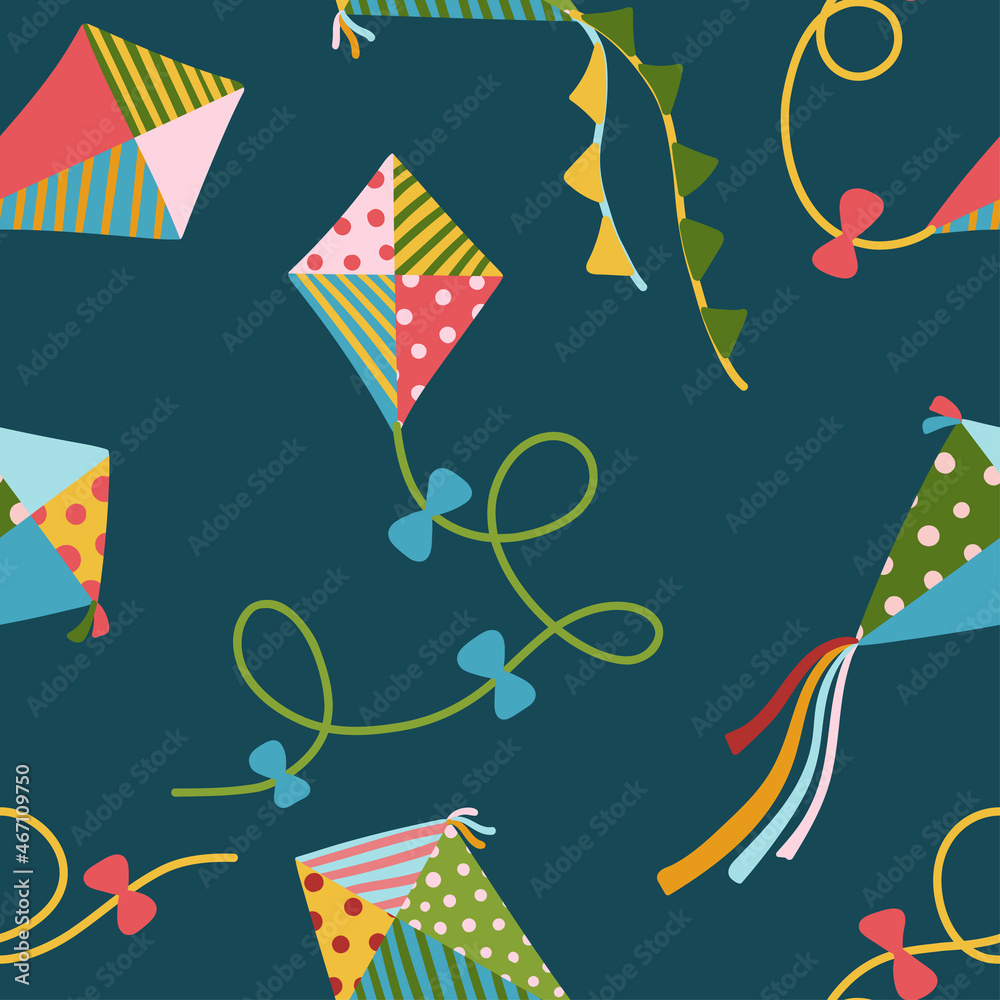 Obraz premium Flying kites seamless vector pattern. Summer children's endless background for baby clothes, bedding, wallpaper, scrapbooking. Flat, cartoon texture.