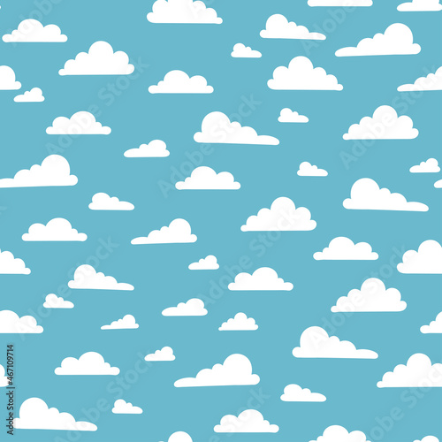 Blue sky with clouds vector seamless pattern. Cute white fluffy clouds background for kids fabric, baby clothes, bedding, wallpaper, scrapbooking. Flat, cartoon texture.