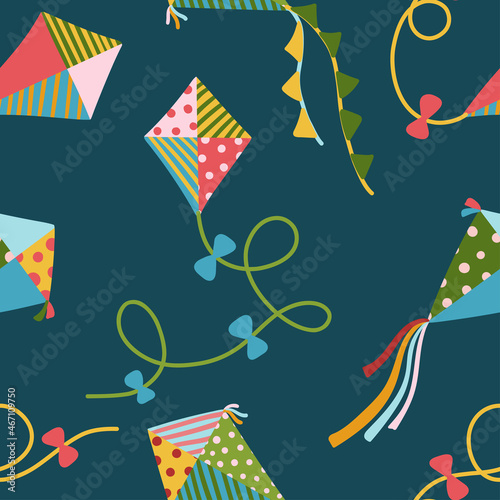 Flying kites seamless vector pattern. Summer children s endless background for baby clothes  bedding  wallpaper  scrapbooking. Flat  cartoon texture.