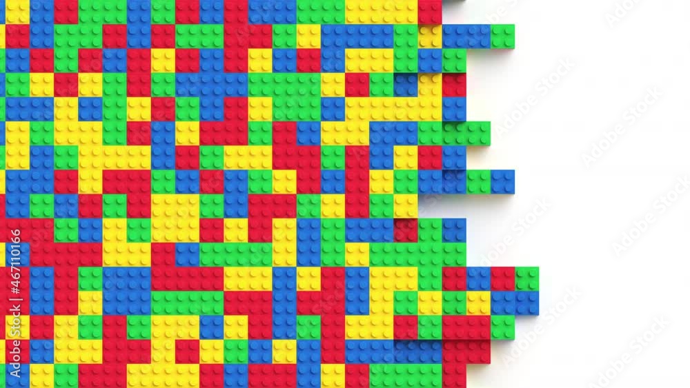 Many colorful toy bricks completely filling white background and disappearing. Top view. Seamless loop. 3d rendering