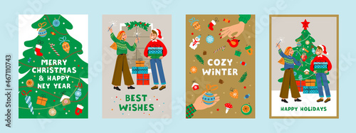 Vector set of postcards with people celebrating winter holidays. Happy family decorating christmas tree.