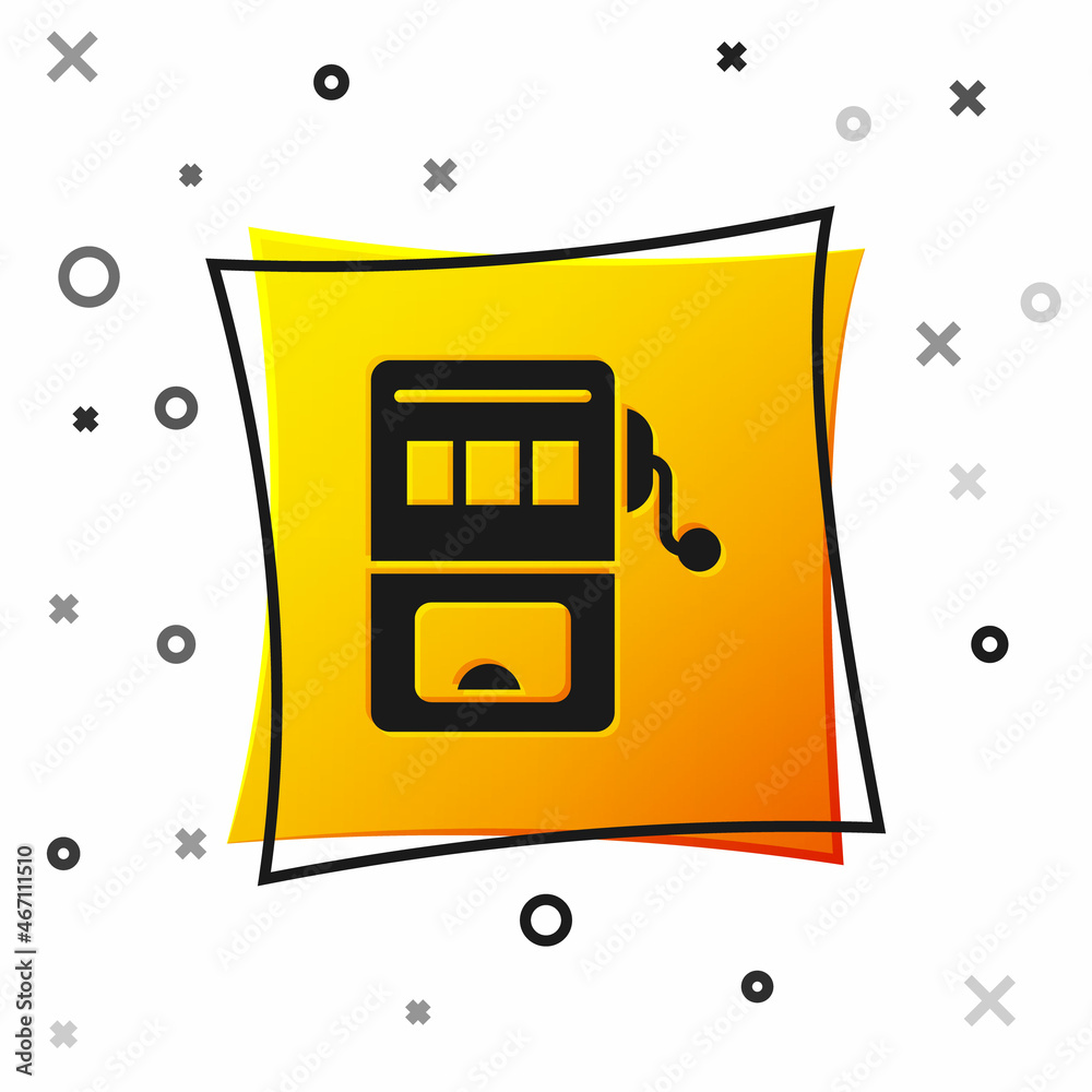 Black Slot machine icon isolated on white background. Yellow square button. Vector