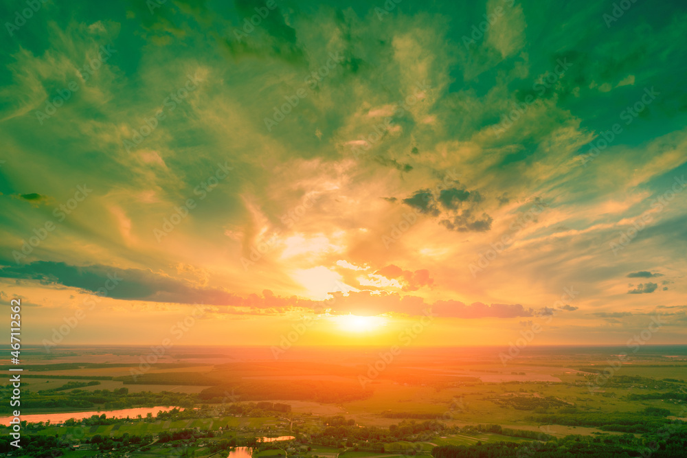 Fototapeta premium Sunset over the countryside. Aerial view