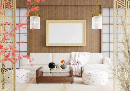 3D illustration Mockup photo frame in living room rendering