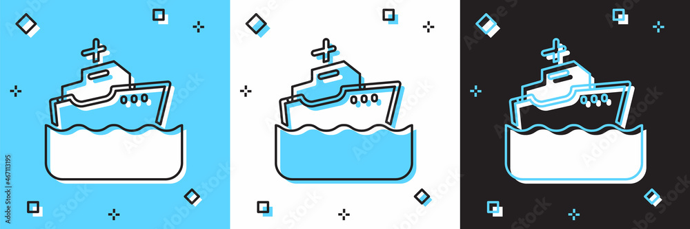 Set Cruise ship icon isolated on blue and white, black background. Travel tourism nautical transport. Voyage passenger ship, cruise liner. Worldwide cruise. Vector Set Cruise ship icon isolated on blue and white, black background. Travel tourism nautical transport. Voyage passenger ship, cruise liner. Worldwide cruise. Vector