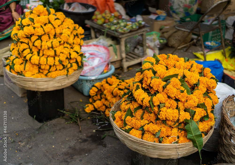 Garlands of marigold flower (Zendu) in market during Diwali festive