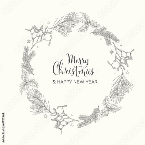Vintage vector Christmas card with christmas wreath