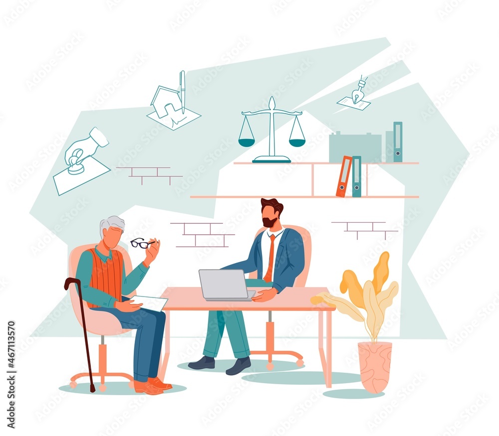 Notary service banner. Elderly senior person in lawyer office signs testament and draws up documents certified by a notary, flat vector illustration isolated on white background.